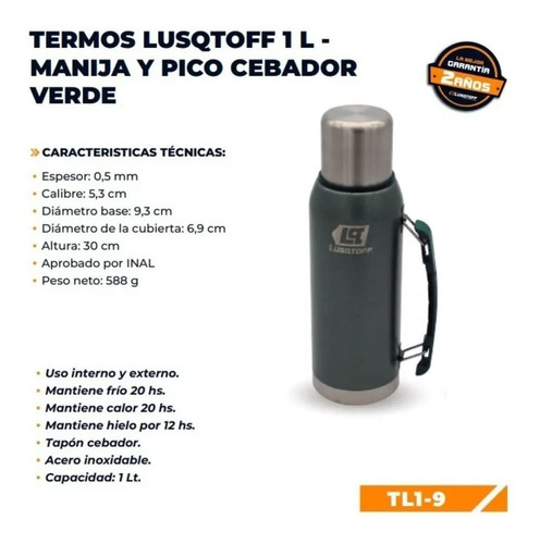 Imagen 3 de 10 de Termo Lusqstoff 1 Litro Acero Tapón Cebador 20 Hs Frio Calor