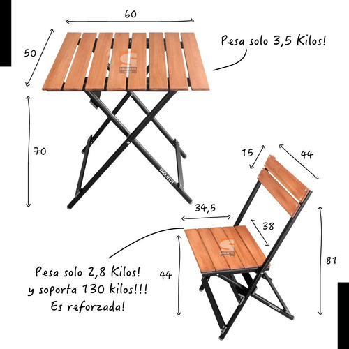 Imagen 7 de 10 de Mesa Plegable Chica 60x50 + 2 Sillas Aluminio Negro Y Madera