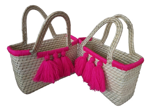 20 Bolsas Chicas Para Dama O Niña, Artesanal De Palma Fucsia Liso Palma Fucsia