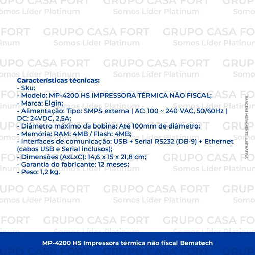 Impressora Térmica Bematech Mp-4200 Hs Serial Usb E Ethernet