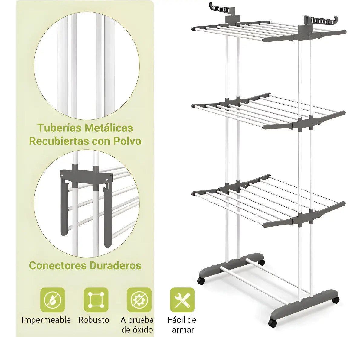 Tendedero 3 Niveles De Pie Colgador Ropa Con Rueda Vertical Portatil Color Gris