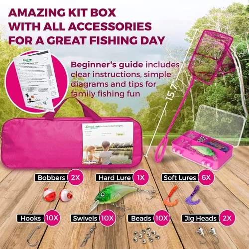 Kids Fishing Pole and Tackle Box - with Net, Travel Bag, Reel and