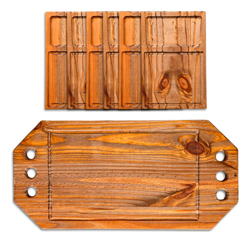 Set Picada Asado Tabla Cocina + X6 Platos Parrilla Familiar Set Premium Familiar De Tabla Y 6 Platos Rectangulares Roble Oscuro