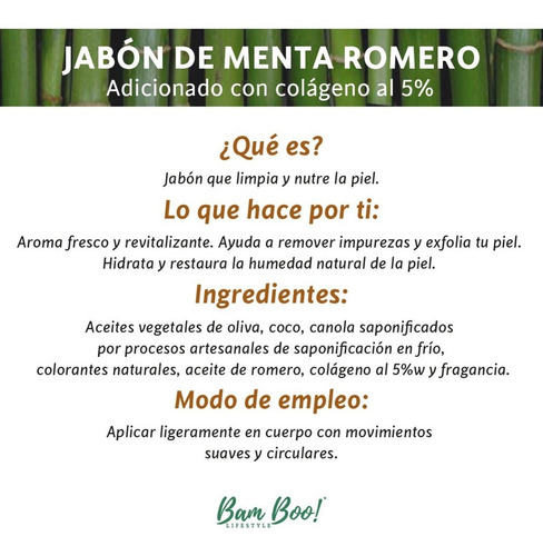 Imagen 3 de 3 de Jabón Menta Romero Con Colágeno 100 Gr Bam Boo! Lifestyle
