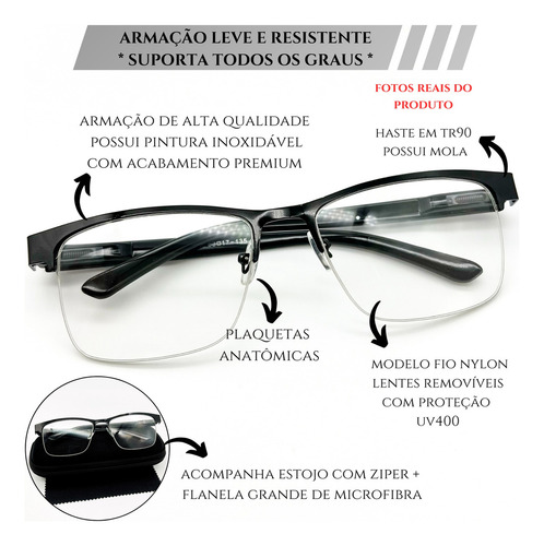 Óculos Sem Grau Grande Masculino Armação Fio Nylon Resistent Cor Preto metálico Tamanho Meio Aro Grande - Tamanho 63