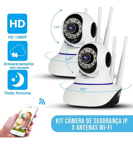 Kit 2 Câmeras 3 Antenas Wifi Ip 1080p Segurança Visão Noturn