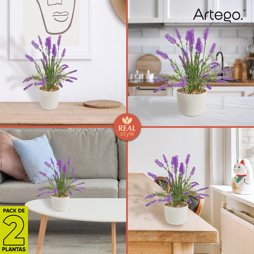 Planta Artificial Moderna Con Maceta Decorativa Real Style Lavanda Compacta Pack De 2 Unidades De 34cm De Alto Artego Para Hogar Sala Comercio Oficina