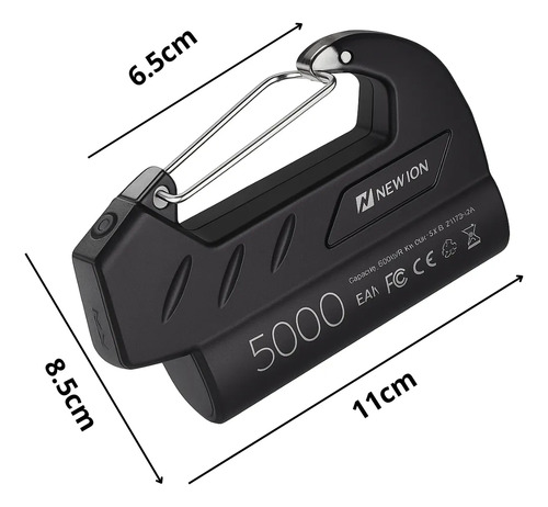 Carregador Portátil 5000mah Power Bank Com Gancho P/ Bolsa Preto - 2un