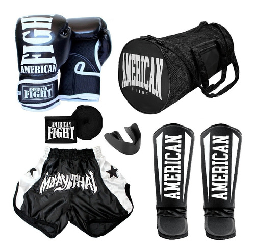 Kit  Muay Thai Luva Caneleira Bolsa Shorts Bandagem Bucal