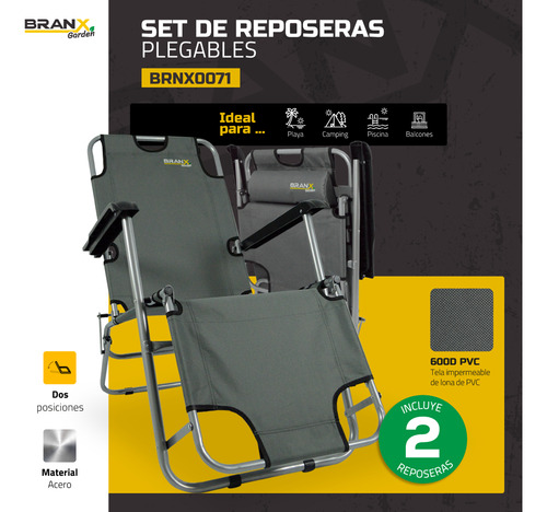 Reposera Plegable Playa Jardín Camping Acero X2 Branx Color Gris