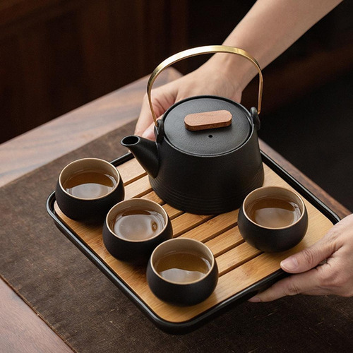 B Juego Té Viaje Cerámica Negra Con Una Tetera Y Cuatro Taza