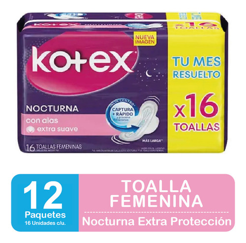 Toalla Femenina Kotex Nocturna X 16u Pack X12