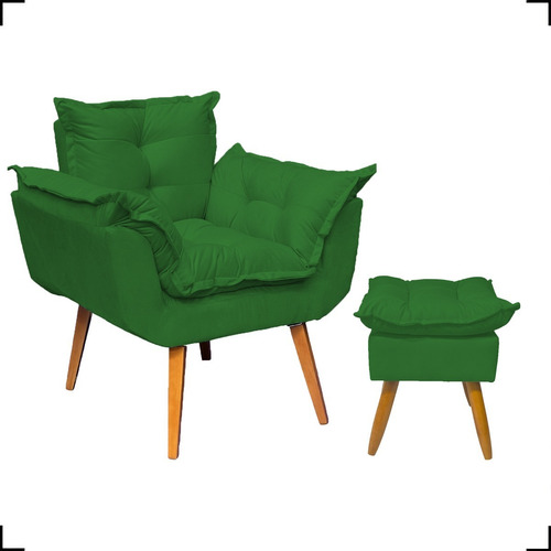 Kit Poltrona Opala Para Sala Confortável + Puff Decorativo Cor Verde Desenho Do Tecido Suede