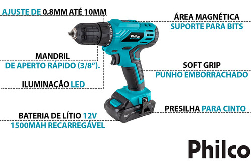 Furadeira Parafusadeira Sem Fio De 10mm Philco Ppf12m 12v Acessórios 110v/220v Com Jogo De Soquetes 40 Peças
