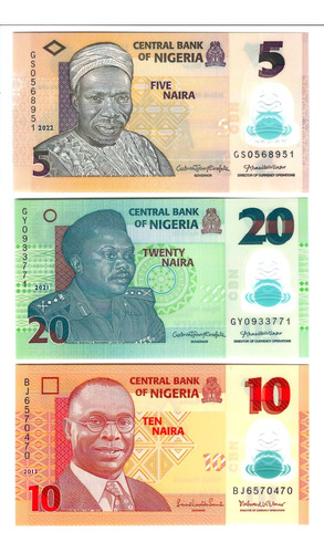 Nigeria - Serie 3 Billetes 5-10-20 Naira - Polímero - Unc