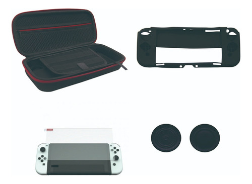 Kit Proteção Nintendo Switch Oled 5 Em 1 Case Película Capa Cor Preto