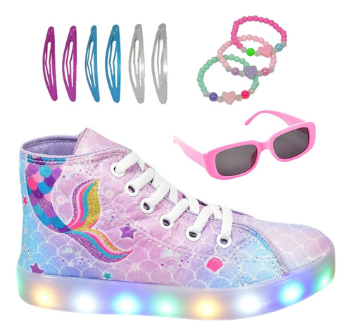 Tênis Botinha Infantil Led Feminina + Tictac Pulseira Óculos