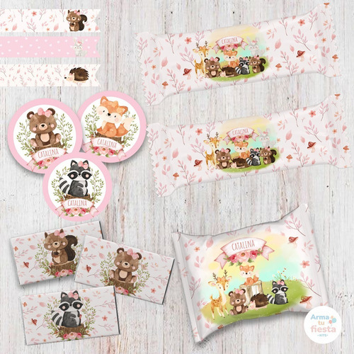 Kit Imprimible Animales Del Bosque Rosa Texto Editable