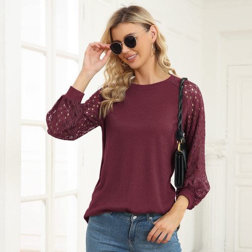 Blusa De Encaje De Manga Larga Con Cuello Redondo Para Mujer