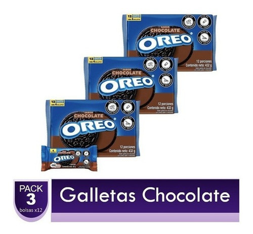 Galletas Oreo Chocolate 3 Paquetes X12 Unidades