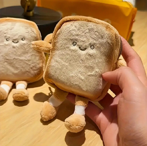 Llavero Monedero Estilo Pan Tostado Carita Kawaii Felpa Marrón Claro