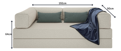 Colchão Casal 192cm Vira Sofá-cama 2 Lugares Bouclê Nude/bege Com Estrutura Metálica Estilo Nórdico Industrial Mod: Buble Caixa