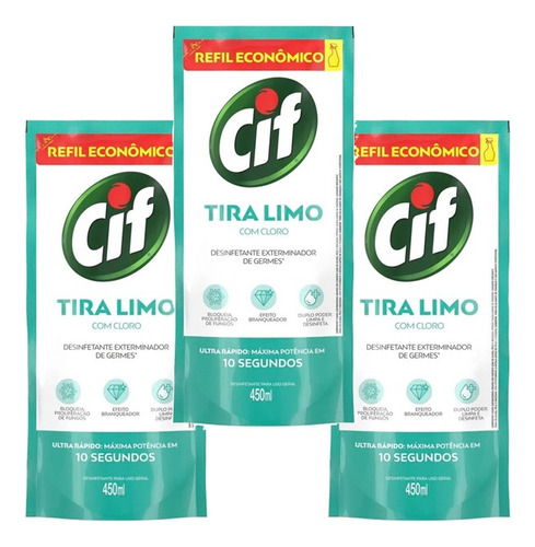 Desinfetante Uso Geral Cif Tira Limo 450ml - Refil - Kit 3