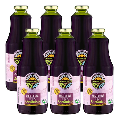 Suco De Uva Integral Orgânico Bordô 1l Organovita Kit Com 6 