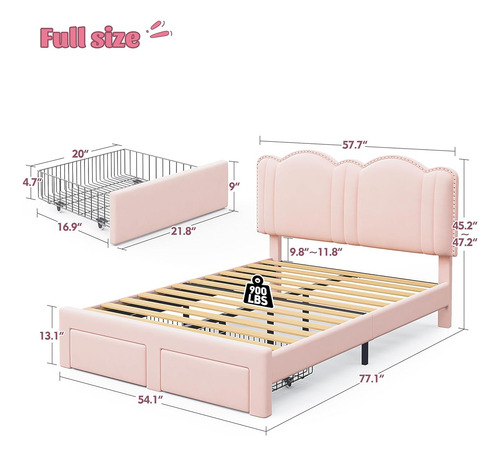 Base De Cama C/ Cajones Y Luces Led Enhomee Matrimonial Rosa