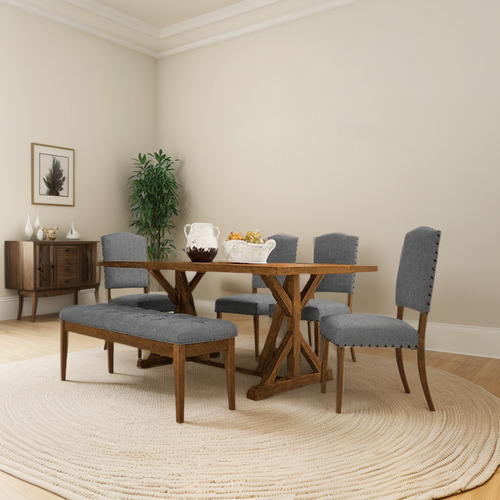 Comedor Gravity Lino Gris 1 Mesa + 1 Banca + 4 Sillas