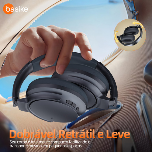 Basike fone de ouvido over-ear bluetooth sem fio com anc ativo 80h bateria áudio hd graves intensos espuma com memória perfeito para viagens e home office azul-marinho