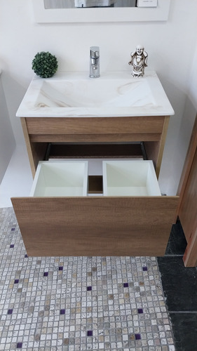 Vanitory Colgante 60 Melamina Texturada Bacha De Porcelanato Marrón Beige Un Agujero