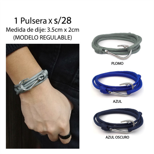 Pulsera Regulable Anzuelo Plateado Pita Hombre Unisex