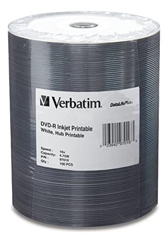 Verbatim Dvd-r 4.7gb 16x Datalifeplus White Inkjet Printable Surface, Hub Printable - 100pk Tape Wrap