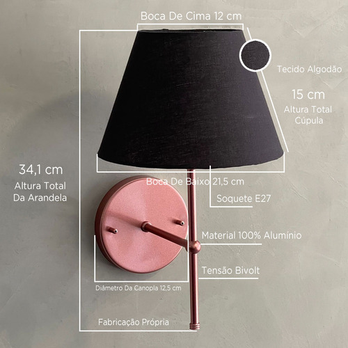 Arandela De Parede Rose Gold Em Aluminio Com Cupula Preto Quarto / Sala De Estar / Corredor Tecido Algodao E27 Tensao Bivolt 110v/220v