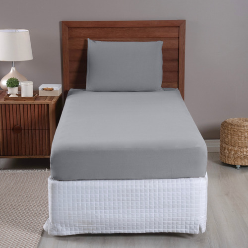 Jogo De Cama Solteiro Lençol 02 Pçs C/ Elástico Malha 100% Algodão Fio 30/1 Penteado Cinza