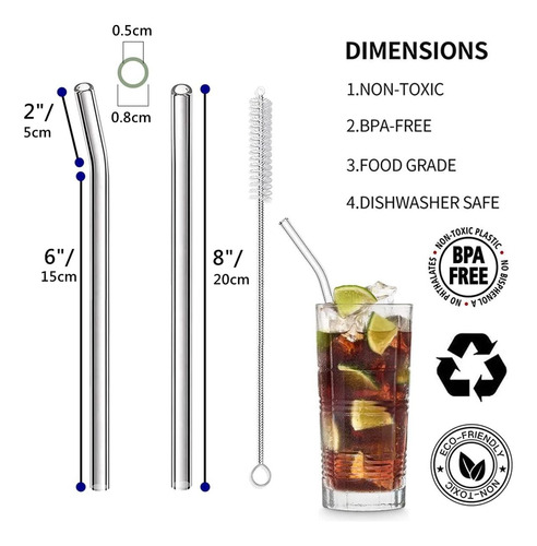 8 Pcs Reutilable Glass Streds, Canudos De Bebidas Ecológicas