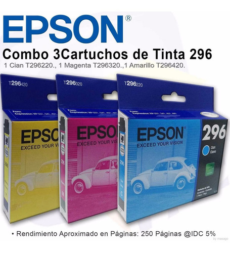 Combo 3 Cartucho Tinta Epson T296 Cian Magenta Amarillo Orig