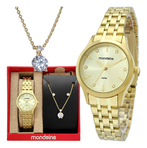 Kit Relógio Mondaine Feminino Dourado com Colar e Brincos 32610LPMKDE1K1