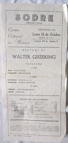 Antiguo Programa Sodre Recital Walter Gieseking 1950