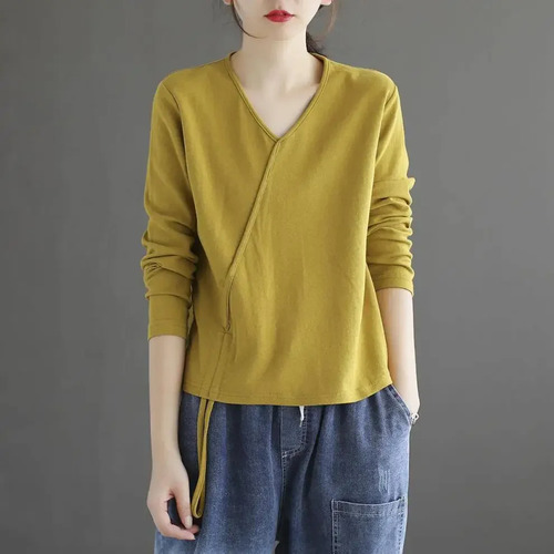 Camiseta De Manga Larga Con Cuello En V Para Mujer, Top Vint