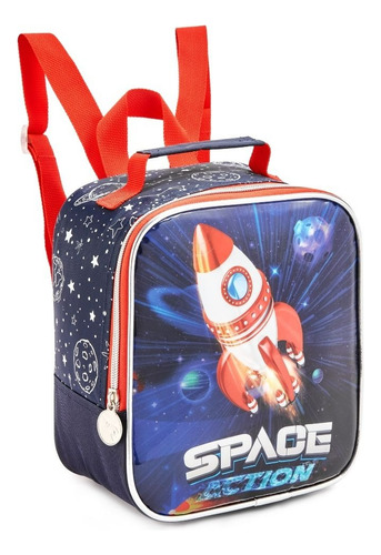 Kit Mochila Com Rodinhas Foguete Astronauta Infantil Menino Cor Azul-escuro