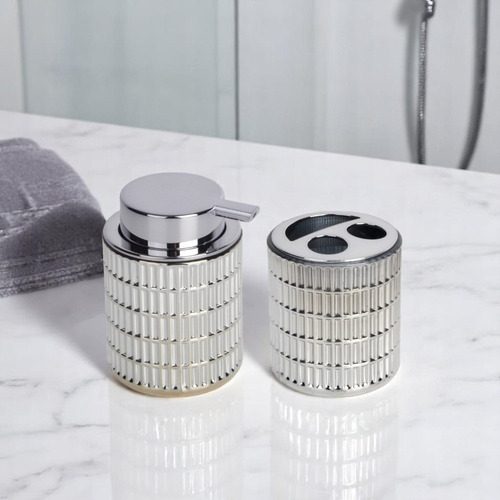 Set Accesorios Baño Dispenser Vidrio Porta Cepillo Plata