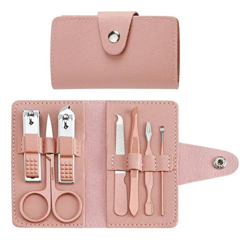 Estuche Kit Manicura Cortauñas Acero 7 Piezas +estuche Rosa