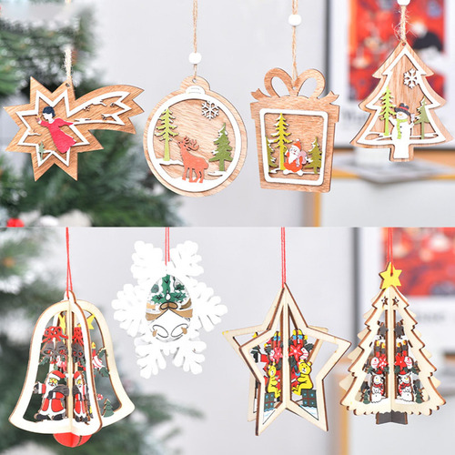 5 Xmas Tree Wooden Hanging Pendants Handmade For Holiday Elk