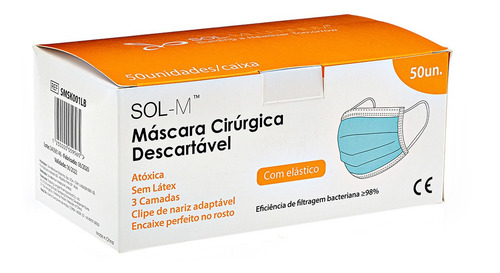 50 Máscaras Descartáveis Tripla Camada Com Clipe Nasal