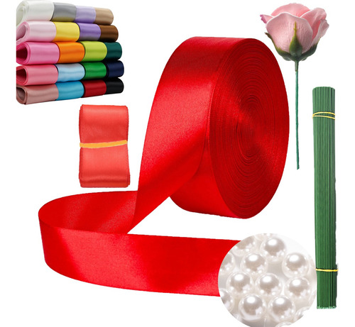 10 Rolls Listón 225 Metros Satinado Para Diy Decoracion 38mm Rojo-026