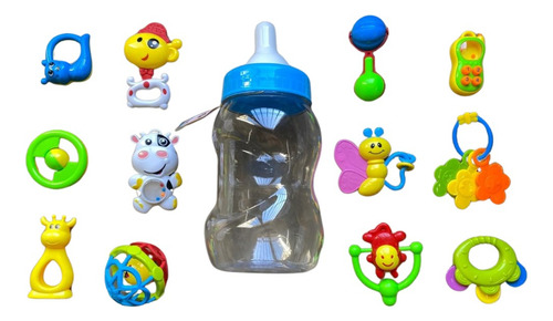 Sonajeros X12 En Mamadera Gigante Para Bebes Niños Niñas Color Azul Diseño Sonajero