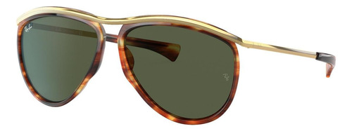 Óculos de sol Ray-Ban Aviator Olympian Standard armação de metal cor polished havana/gold, lente green de cristal clássica, haste gold de metal - RB2219
