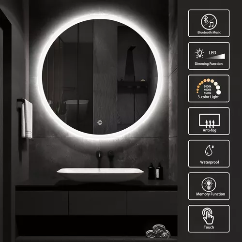  S·BAGNO - Espejo de baño LED redondo de 24 pulgadas con luces,  retroiluminado y frontal iluminado, espejo de tocador montado en la pared,  espejo de 3 colores en el interior del